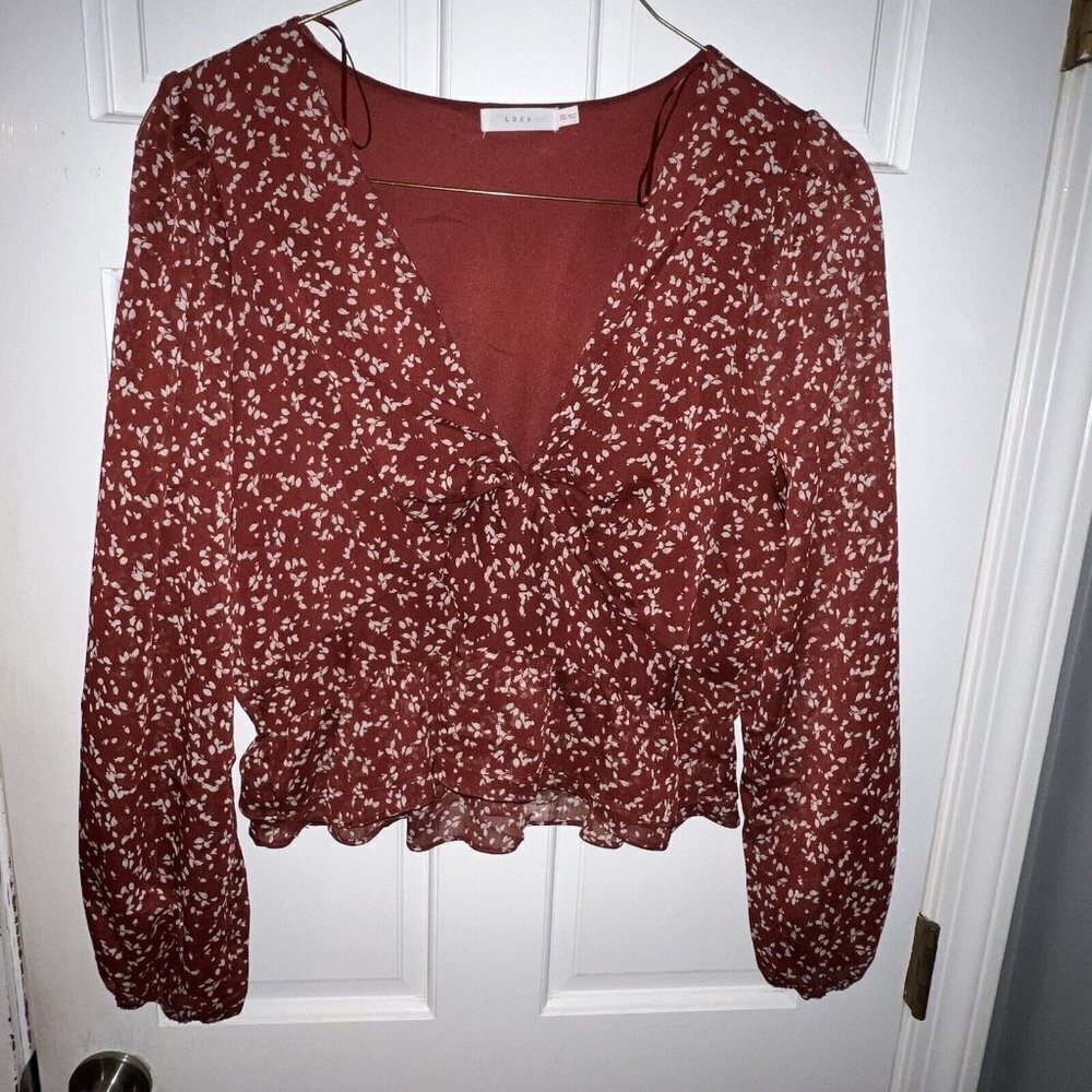 Lush Long Sleeve V-Neck Cropped Blouse - Brick Red Cream Floral Ruffled Size XXL